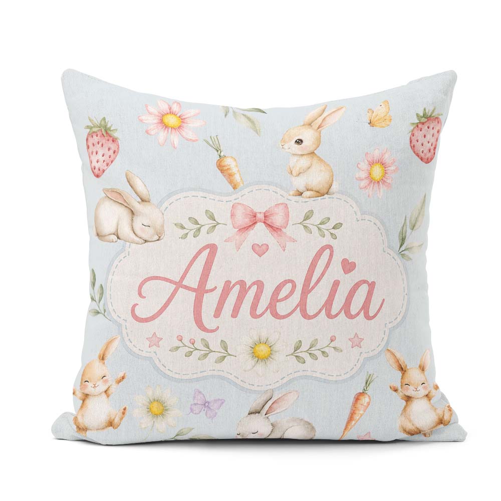 Custom Name Bunny Rabbits with Flowers and Butterflies Soft Blue Square Filled Cushion Throw Pillow Sofa Bed Home Decor Zip Washable UK Made
