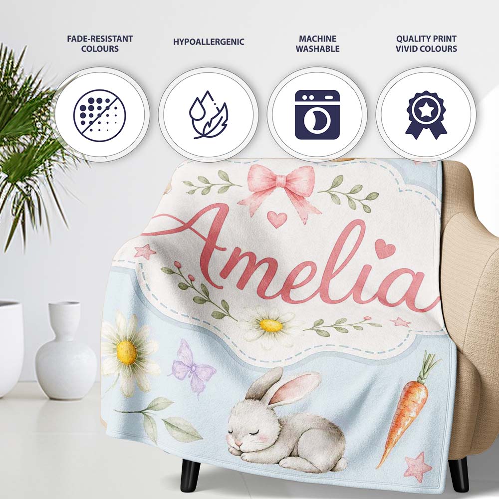 Cute Bunny Rabbits with Flowers Carrots and Butterflies Soft Blue Personalised Custom Name Super Soft Fleece Blanket Bed Sofa Throw