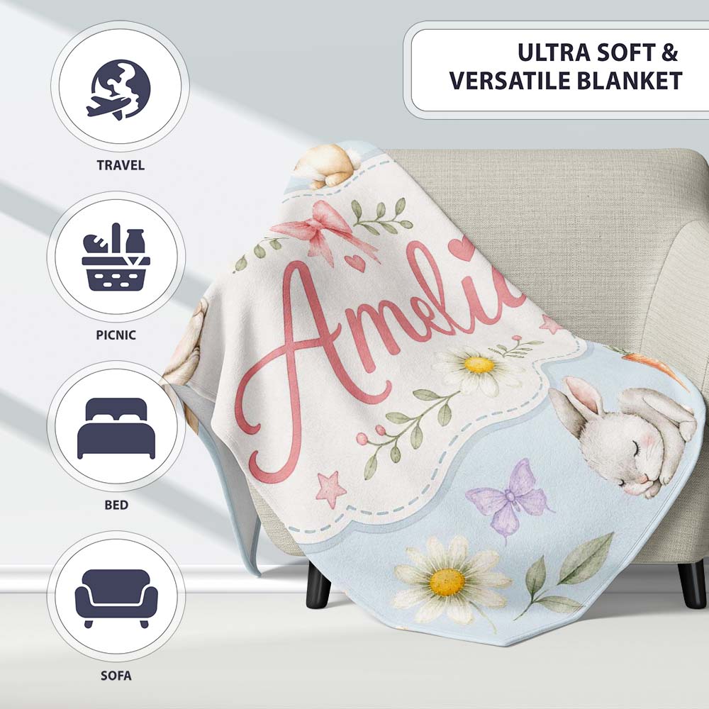Cute Bunny Rabbits with Flowers Carrots and Butterflies Soft Blue Personalised Custom Name Super Soft Fleece Blanket Bed Sofa Throw