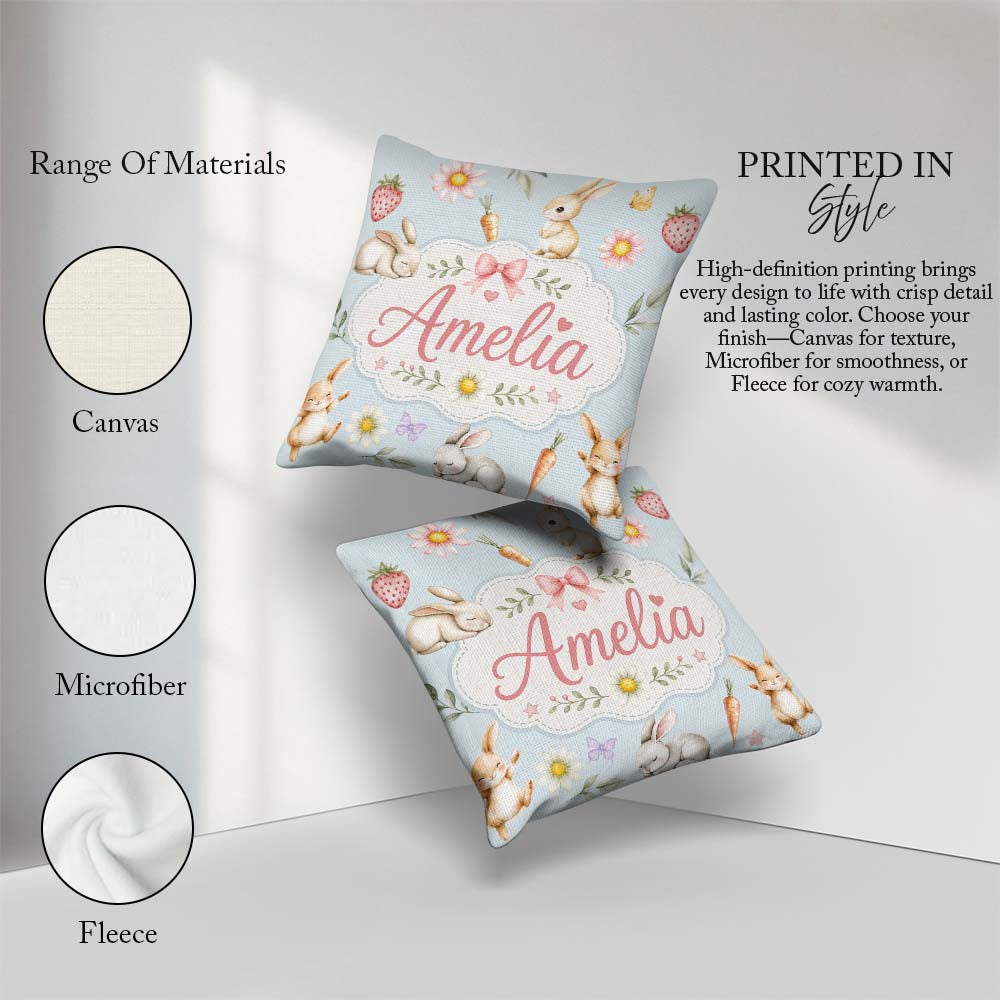 Custom Name Bunny Rabbits with Flowers and Butterflies Soft Blue Square Filled Cushion Throw Pillow Sofa Bed Home Decor Zip Washable UK Made