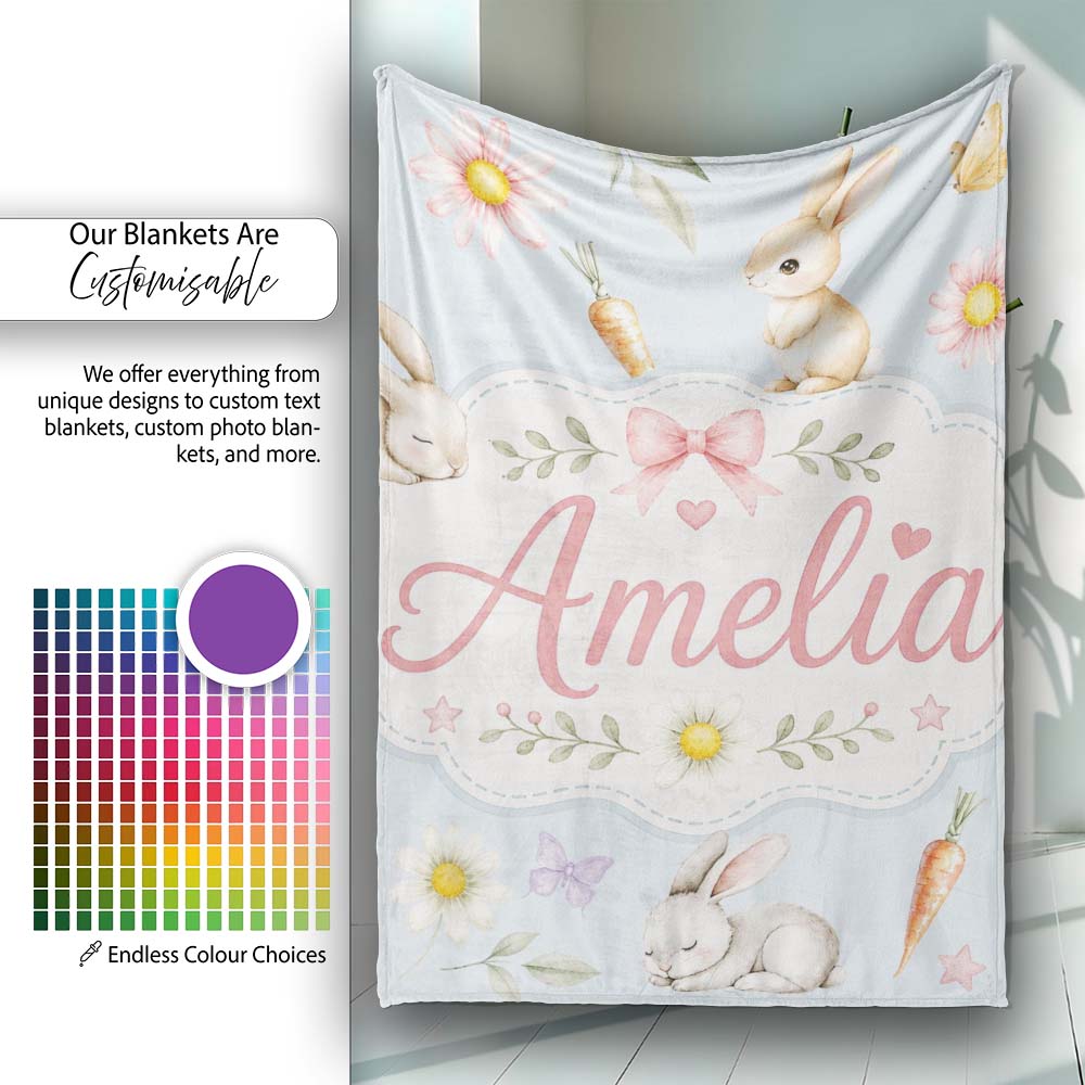 Cute Bunny Rabbits with Flowers Carrots and Butterflies Soft Blue Personalised Custom Name Super Soft Fleece Blanket Bed Sofa Throw
