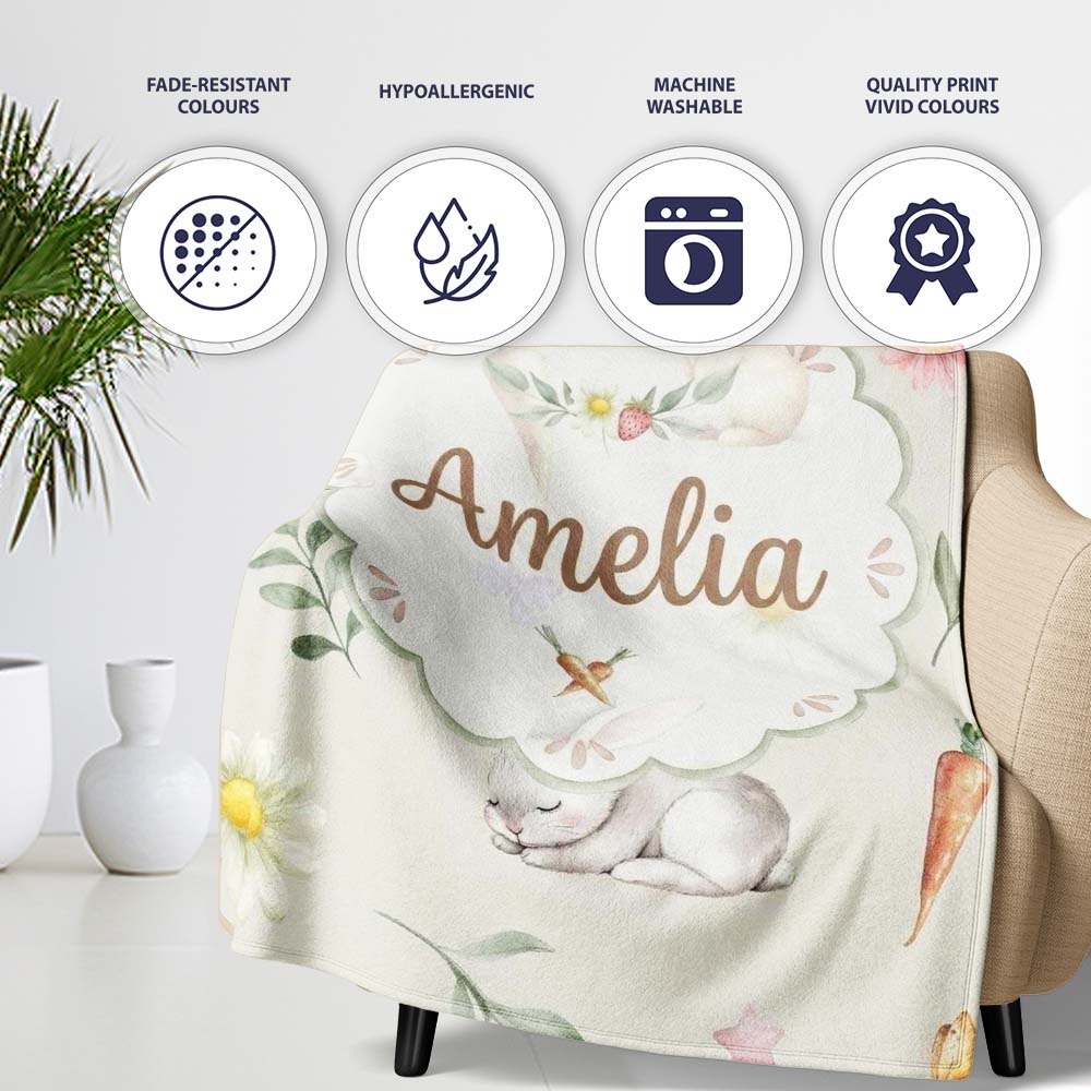 Bunny Rabbits with Flowers Carrots and Butterflies Light Cream Personalised Custom Name Super Soft Fleece Blanket Bed Sofa Throw