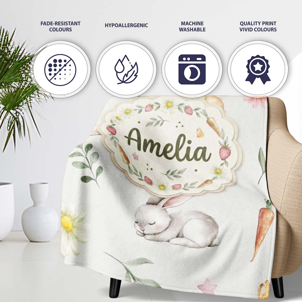 Cute Bunny Rabbits with Flowers Carrots and Butterflies Soft Grey Personalised Custom Name Super Soft Fleece Blanket Bed Sofa Throw