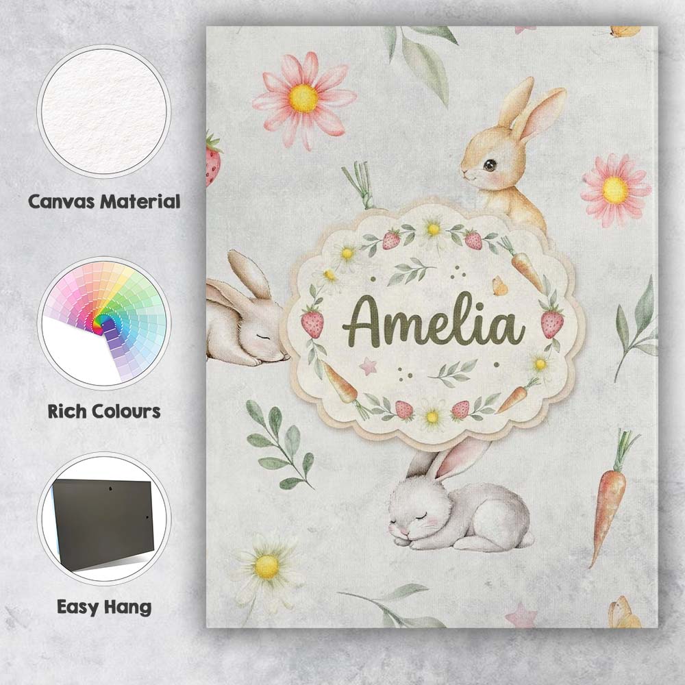 Personalised Name Cute Bunny Rabbits with Custom Unique Gift Idea Elegant Feature Canvas Wall Art Print Decor Picture Ready to Hang