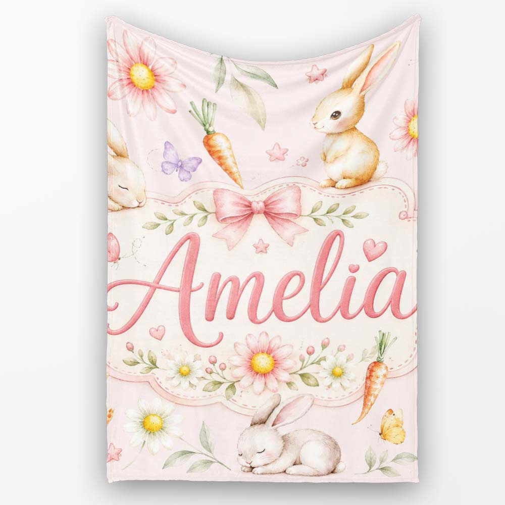Cute Bunny Rabbits with Flowers Carrots and Butterflies Blush Pink Personalised Custom Name Super Soft Fleece Blanket Bed Sofa Throw