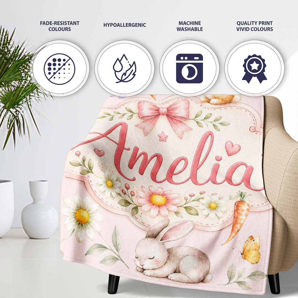 Cute Bunny Rabbits with Flowers Carrots and Butterflies Blush Pink Personalised Custom Name Super Soft Fleece Blanket Bed Sofa Throw