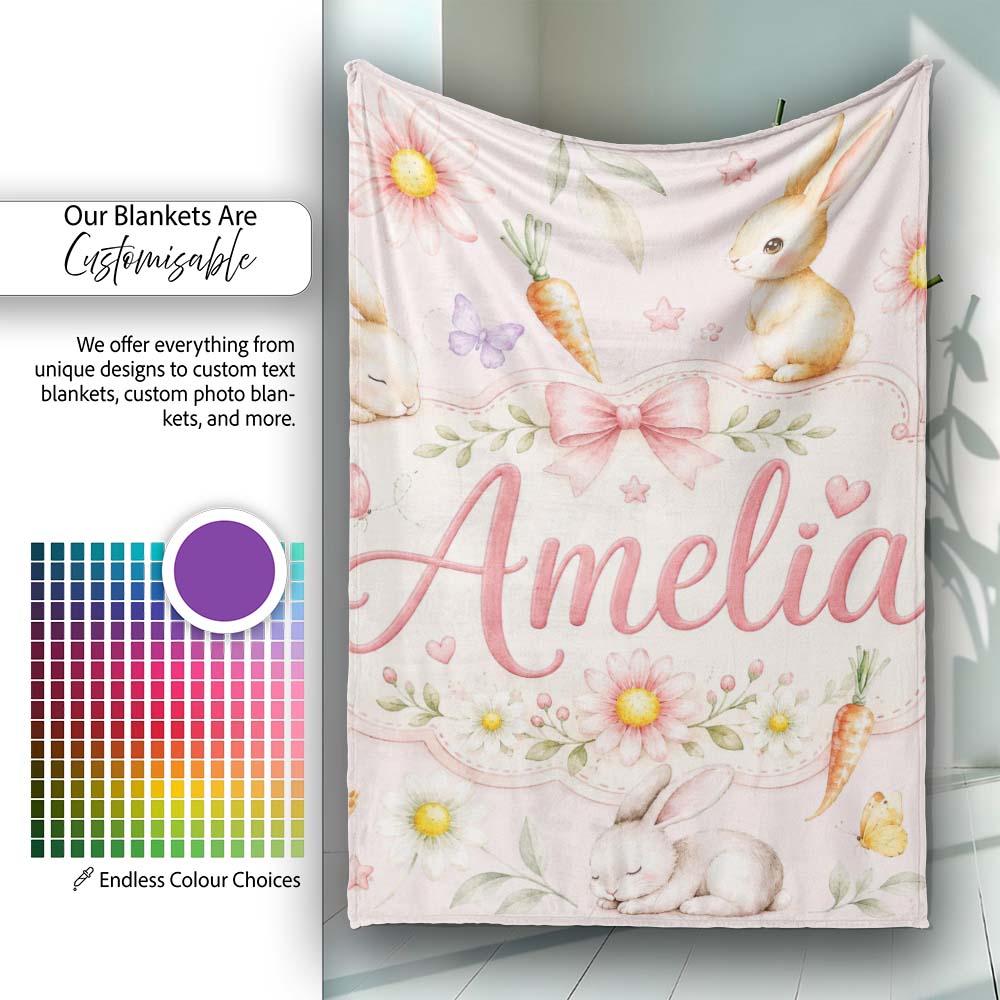 Cute Bunny Rabbits with Flowers Carrots and Butterflies Blush Pink Personalised Custom Name Super Soft Fleece Blanket Bed Sofa Throw