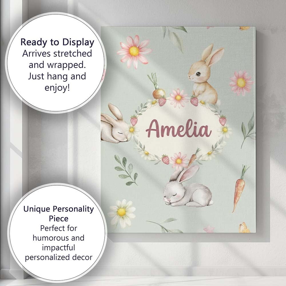 Personalised Name Cute Bunny Rabbits with Custom Unique Gift Idea Elegant Feature Canvas Wall Art Print Decor Picture Ready to Hang