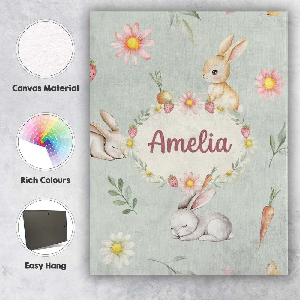 Personalised Name Cute Bunny Rabbits with Custom Unique Gift Idea Elegant Feature Canvas Wall Art Print Decor Picture Ready to Hang