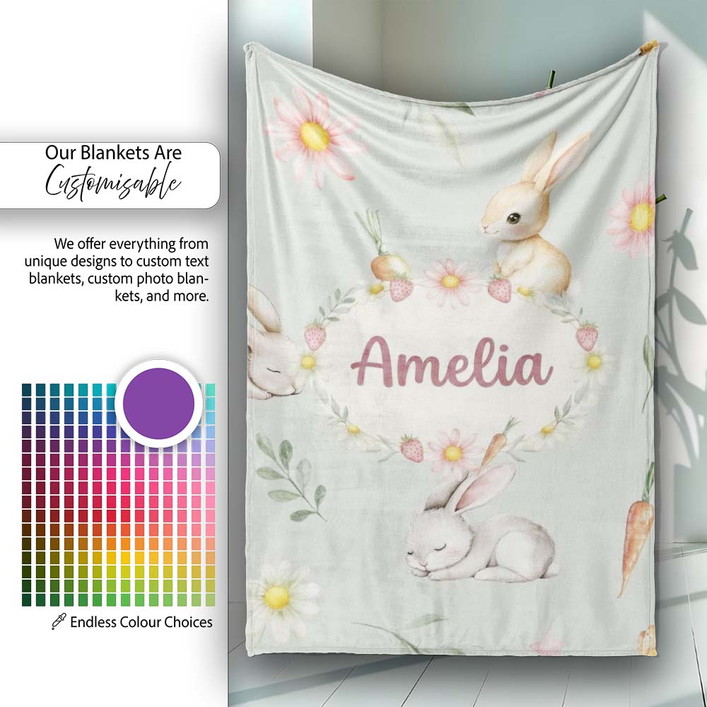 Cute Bunny Rabbits with Flowers Carrots and Butterflies Sage Green Personalised Custom Name Super Soft Fleece Blanket Bed Sofa Throw