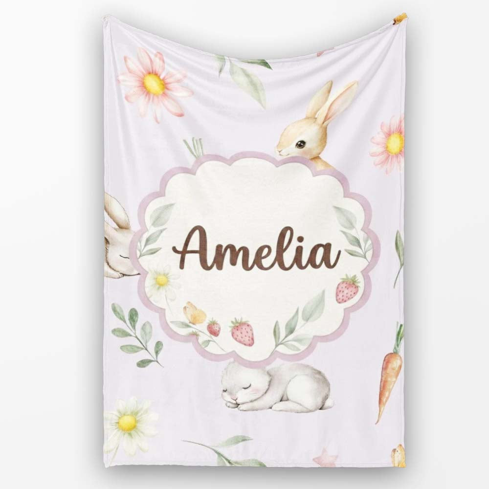 Bunny Rabbits with Flowers Carrots and Butterflies Soft Lilac Lovely Personalised Custom Name Super Soft Fleece Blanket Bed Sofa Throw