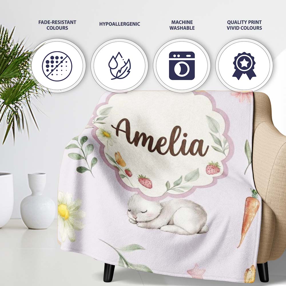 Bunny Rabbits with Flowers Carrots and Butterflies Soft Lilac Lovely Personalised Custom Name Super Soft Fleece Blanket Bed Sofa Throw