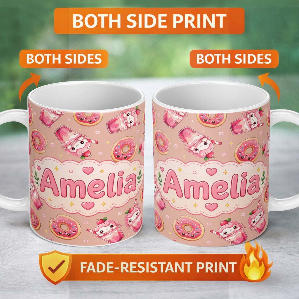Personalized Custom Name Cute Kawaii Donuts and Strawberry Milkshake Peach Background 11oz Ceramic Coffee Tea Mug White Large Handle