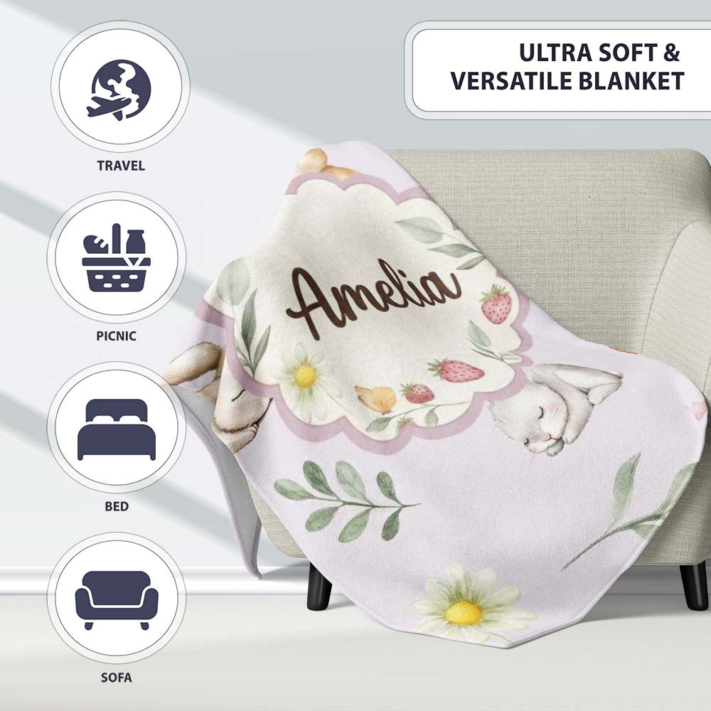 Bunny Rabbits with Flowers Carrots and Butterflies Soft Lilac Lovely Personalised Custom Name Super Soft Fleece Blanket Bed Sofa Throw