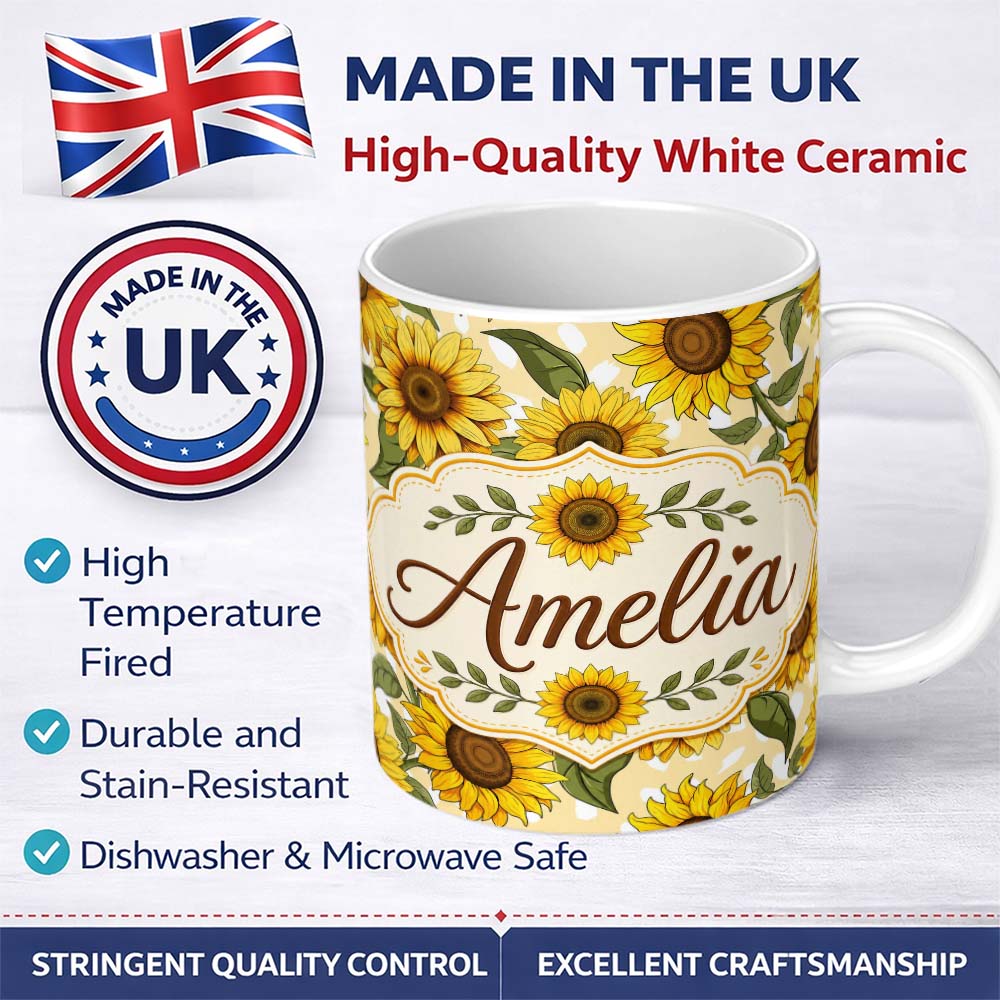 Personalized Custom Name Bright Yellow Sunflower Cream Abstract Background Seamless Pattern 11oz Ceramic Coffee Tea Mug White Large Handle