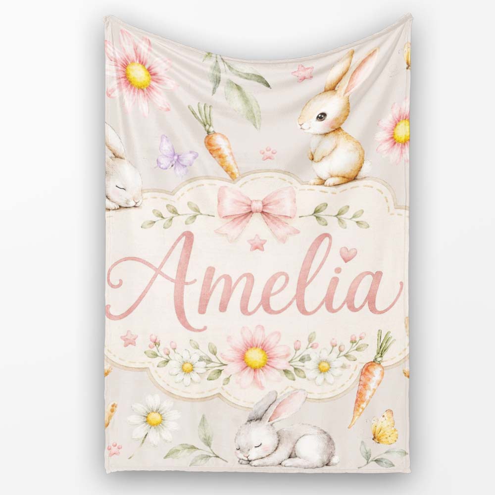 Bunny Rabbits with Flowers Carrots and Butterflies Warm Beige Lovely Personalised Custom Name Super Soft Fleece Blanket Bed Sofa Throw