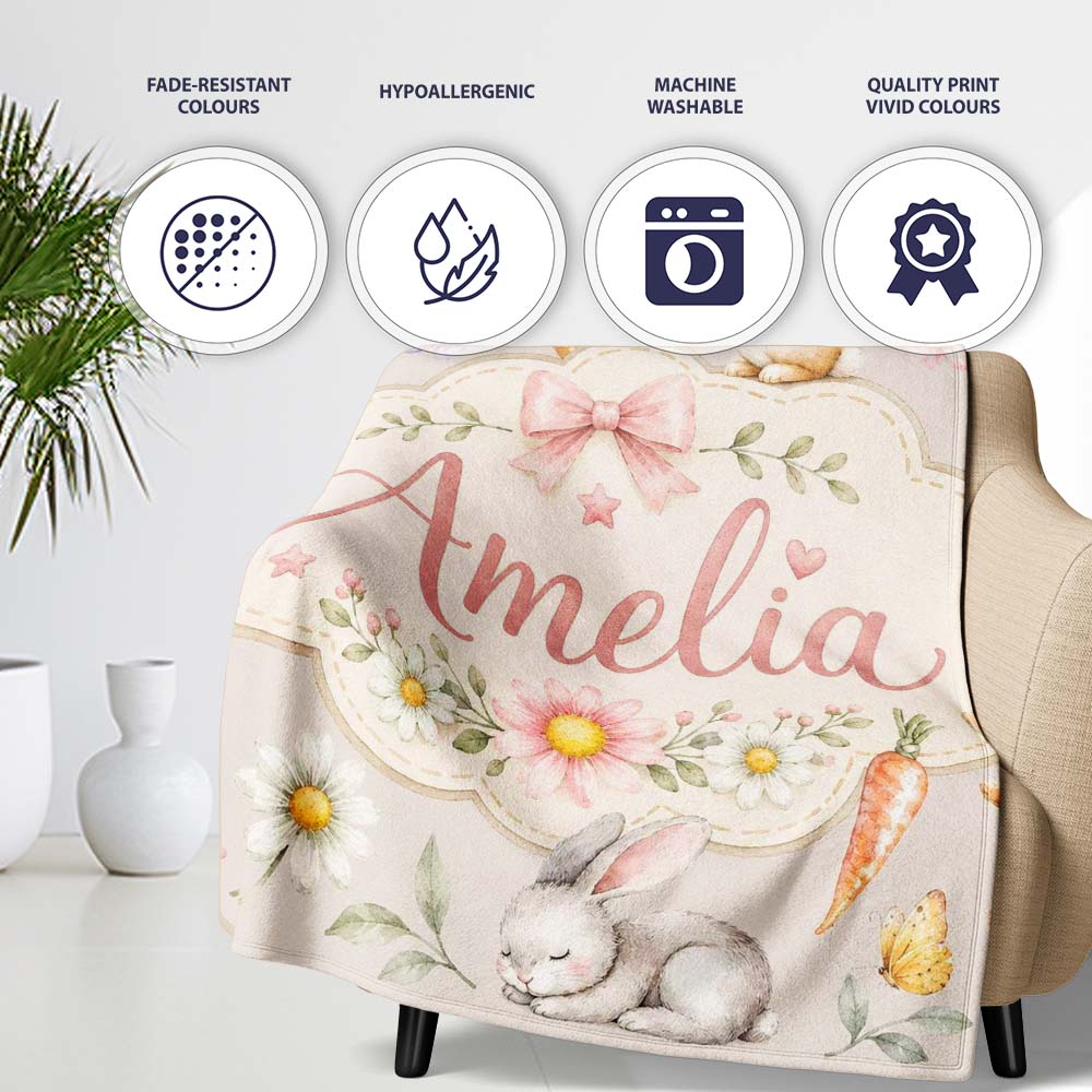 Bunny Rabbits with Flowers Carrots and Butterflies Warm Beige Lovely Personalised Custom Name Super Soft Fleece Blanket Bed Sofa Throw