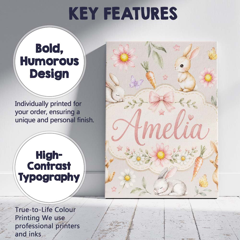 Personalised Name Bunny Rabbits with Custom Premium Decorative Design Modern Room Accent Canvas Wall Art Print Decor Picture Ready to Hang