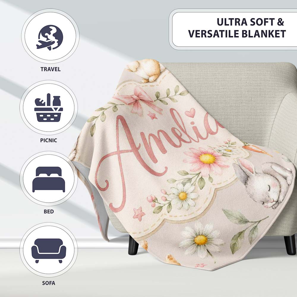 Bunny Rabbits with Flowers Carrots and Butterflies Warm Beige Lovely Personalised Custom Name Super Soft Fleece Blanket Bed Sofa Throw