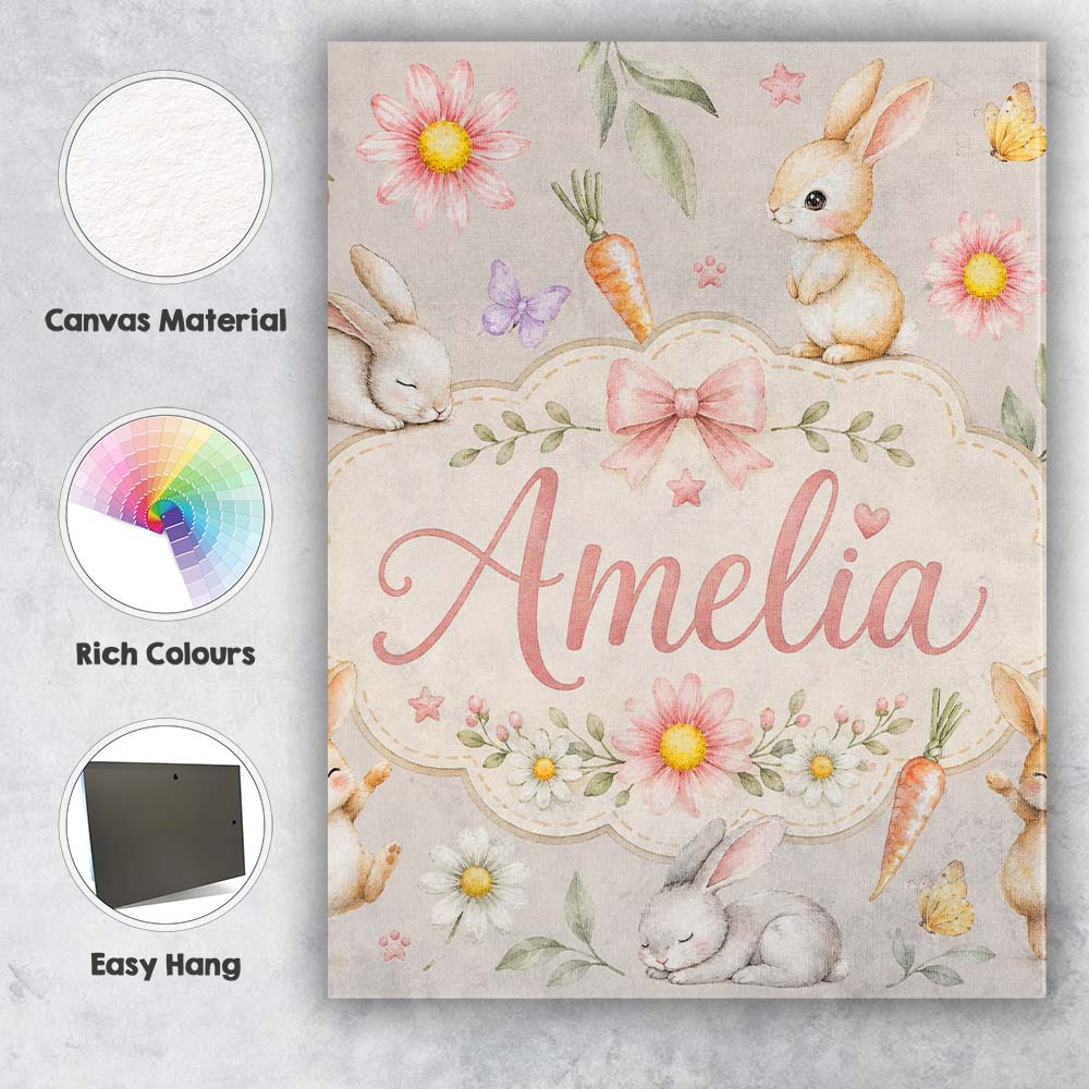 Personalised Name Bunny Rabbits with Custom Premium Decorative Design Modern Room Accent Canvas Wall Art Print Decor Picture Ready to Hang