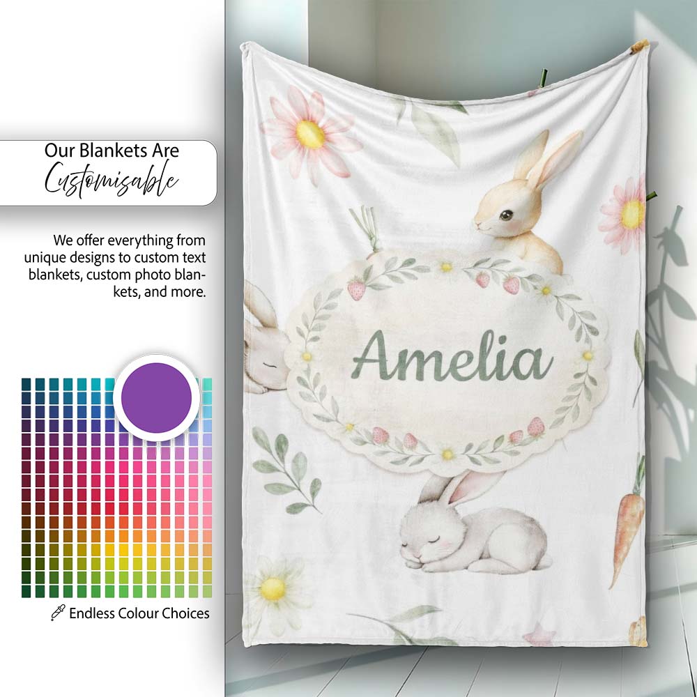 Bunny Rabbits with FlowersCarrots and Butterflies Soft Neutral Grey Personalised Custom Name Super Soft Fleece Blanket Bed Sofa Throw