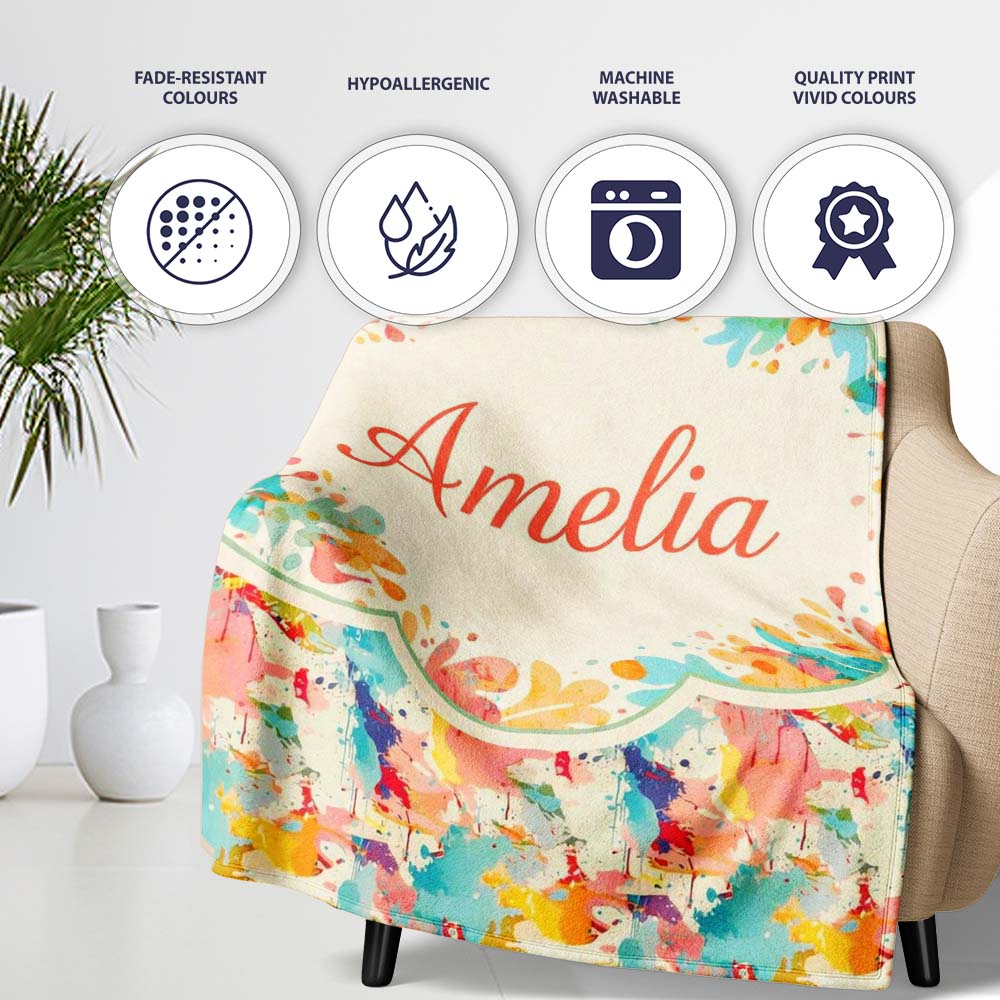 Bold Colour Splash Navy Background Abstract Pattern Cute Unique Gift Personalised Custom Name Super Soft Fleece Blanket Bed Sofa Throw