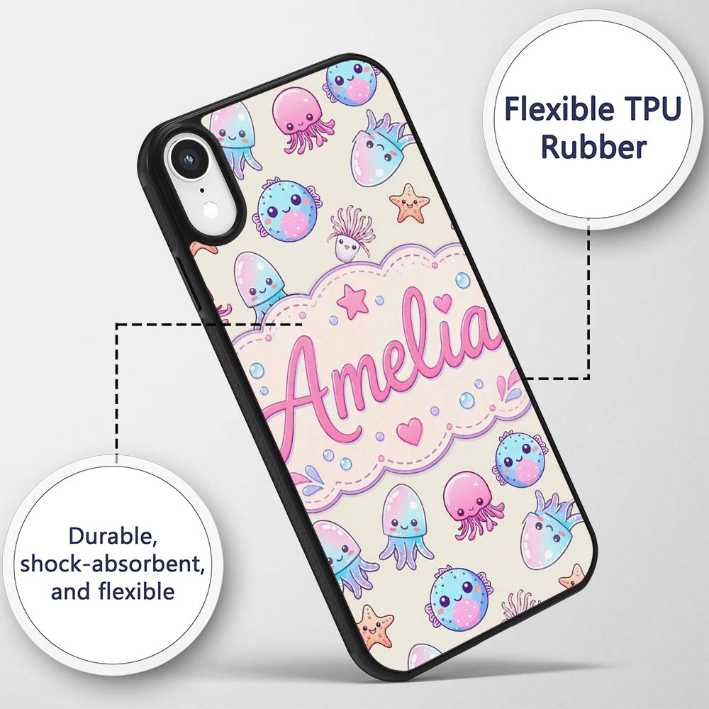 Kawaii Jellyfish Starfish and Sea Printed Design Custom Name Protective Phone Case Mobile Cover Durable Everyday Smartphone Shock Resistant