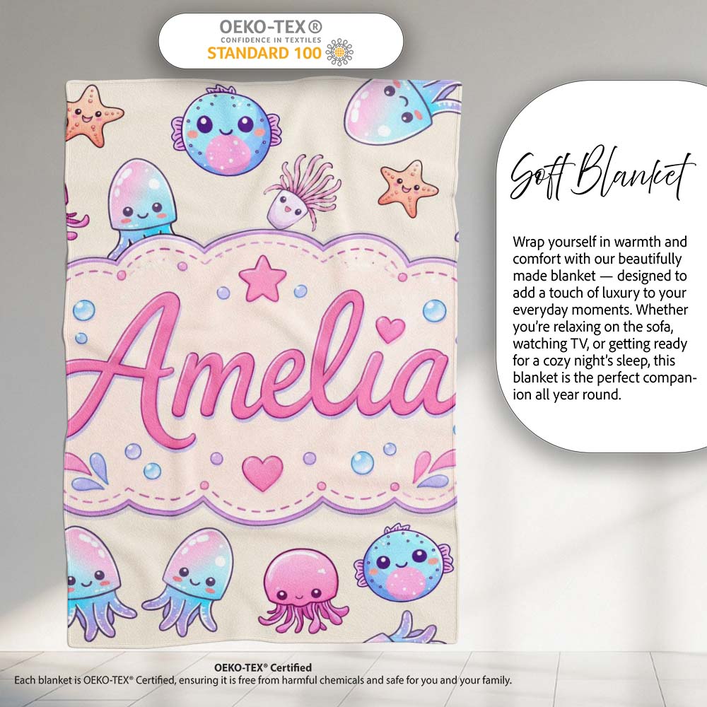 Kawaii Jellyfish Starfish and Sea Creatures Pastel Beige Background Personalised Custom Name Super Soft Fleece Blanket Bed Sofa Throw