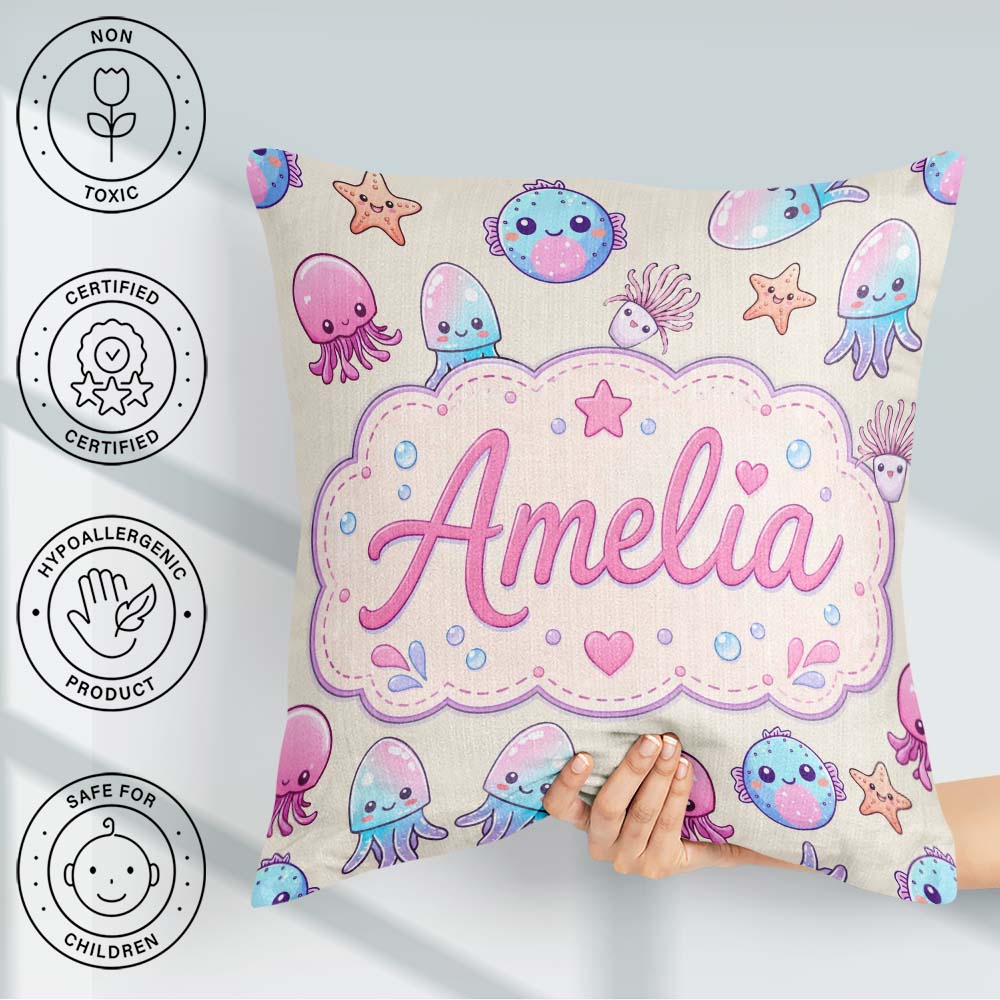 Custom Name Kawaii Jellyfish Starfish and Creatures Pastel Beige Square Filled Cushion Throw Pillow Sofa Bed Home Decor Zip Washable UK Made