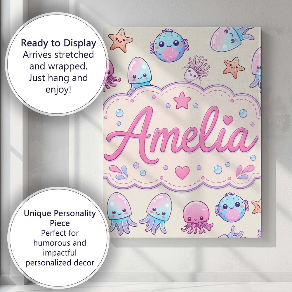 Personalised Name Kawaii Jellyfish Starfish Custom Bespoke Interior Contemporary Canvas Wall Art Print Decor Picture Ready to Hang