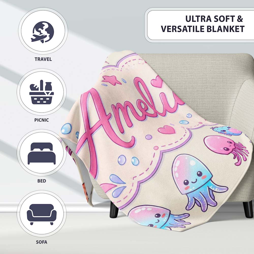 Kawaii Jellyfish Starfish and Sea Creatures Pastel Beige Background Personalised Custom Name Super Soft Fleece Blanket Bed Sofa Throw