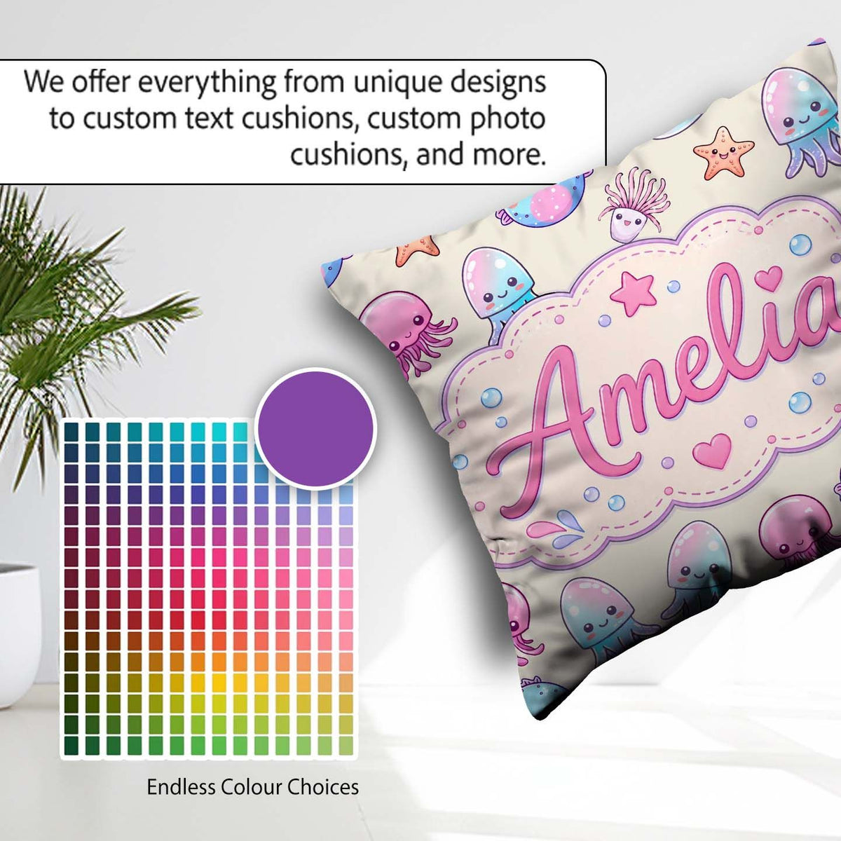Custom Name Kawaii Jellyfish Starfish and Creatures Pastel Beige Square Filled Cushion Throw Pillow Sofa Bed Home Decor Zip Washable UK Made