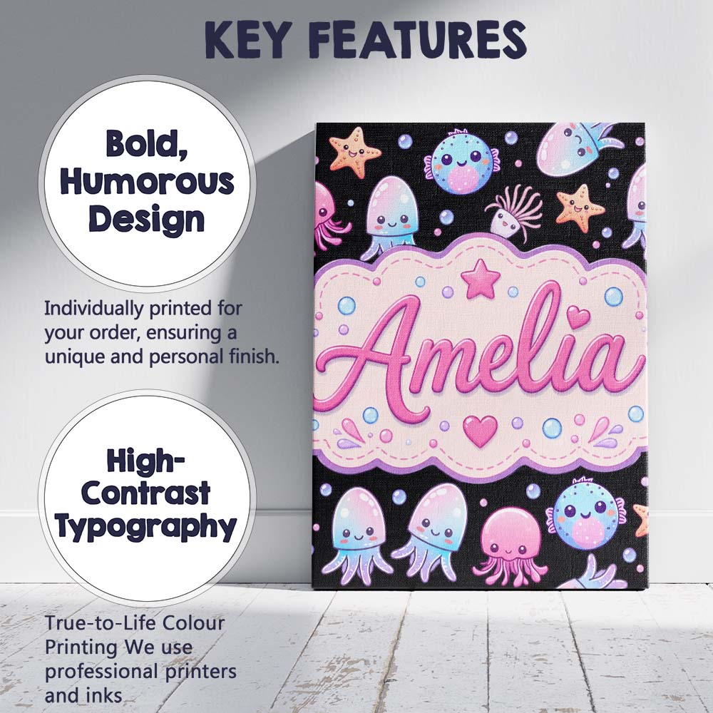 Personalised Name Kawaii Jellyfish Starfish Custom Bespoke Interior Contemporary Canvas Wall Art Print Decor Picture Ready to Hang