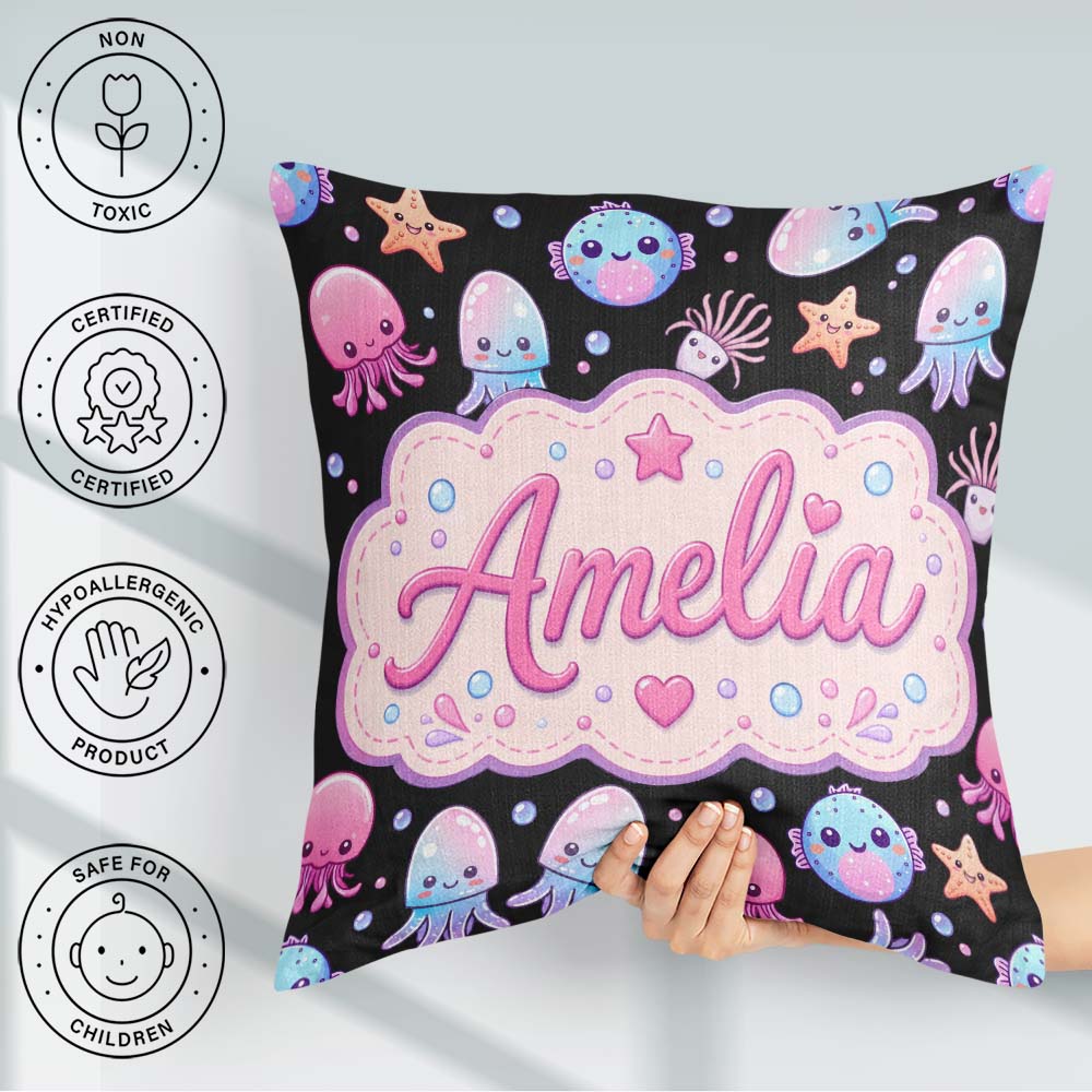 Custom Name Kawaii Jellyfish and Sea Creatures Black Background Square Filled Cushion Throw Pillow Sofa Bed Home Decor Zip Washable UK Made
