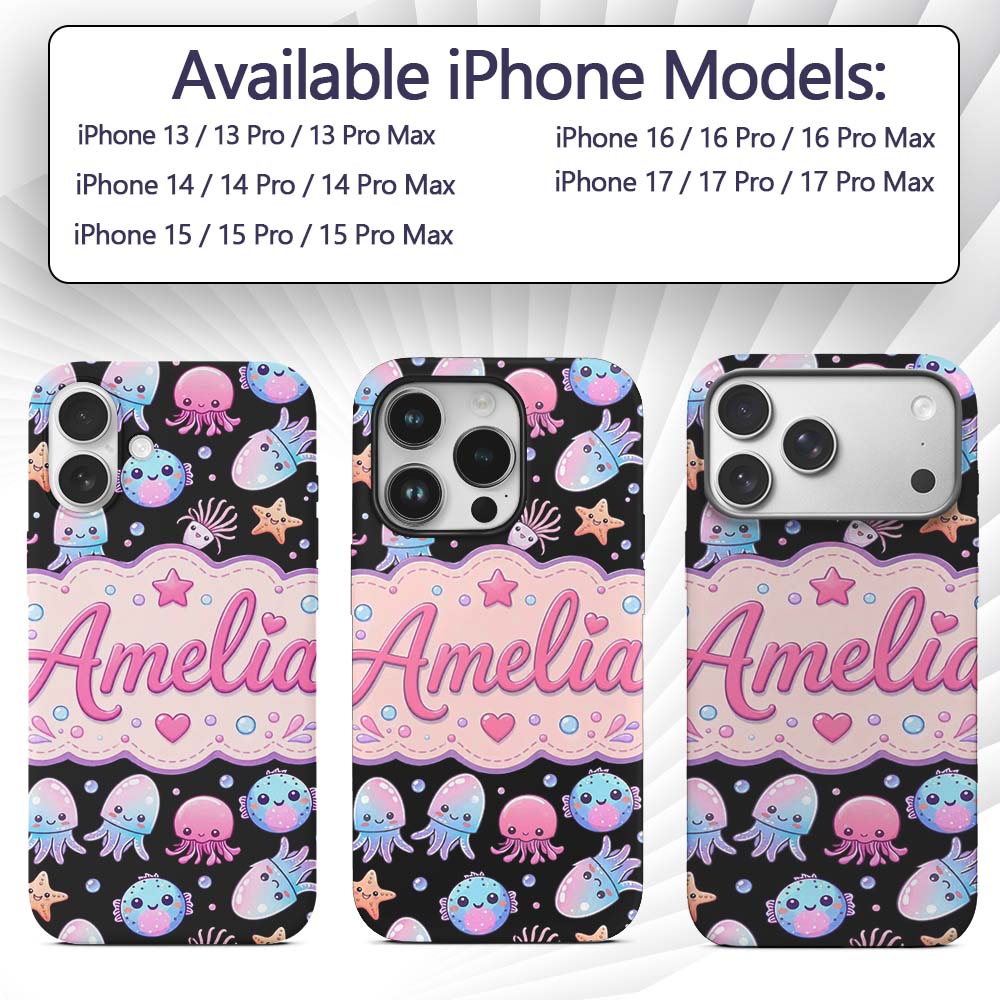 Kawaii Jellyfish Starfish and Cute Sea Creatures Custom Name Protective Phone Case Mobile Cover Durable Everyday Smartphone Shock Resistant
