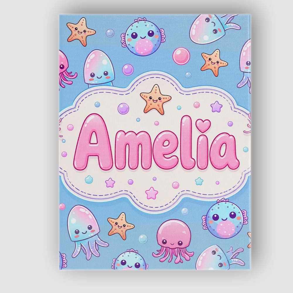 Personalised Name Kawaii Jellyfish Starfish Custom Bespoke Interior Contemporary Canvas Wall Art Print Decor Picture Ready to Hang