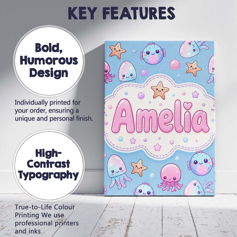 Personalised Name Kawaii Jellyfish Starfish Custom Bespoke Interior Contemporary Canvas Wall Art Print Decor Picture Ready to Hang