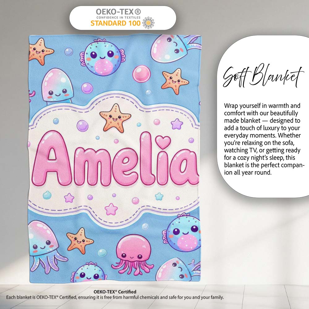 Kawaii Jellyfish Starfish and Cute Sea Creatures Soft Blue Lovely Personalised Custom Name Super Soft Fleece Blanket Bed Sofa Throw