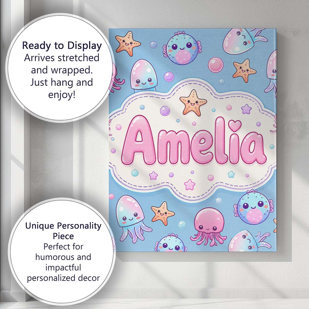 Personalised Name Kawaii Jellyfish Starfish Custom Bespoke Interior Contemporary Canvas Wall Art Print Decor Picture Ready to Hang