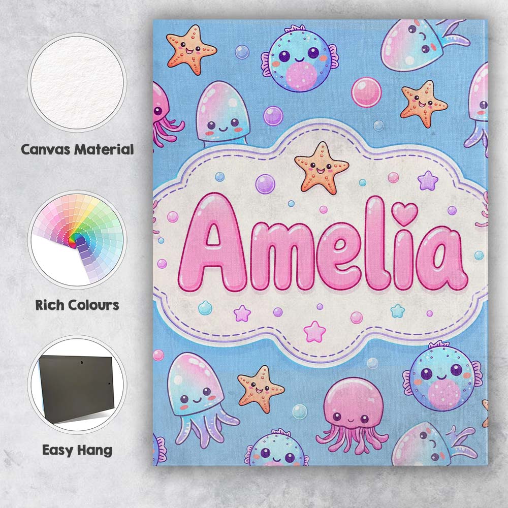 Personalised Name Kawaii Jellyfish Starfish Custom Bespoke Interior Contemporary Canvas Wall Art Print Decor Picture Ready to Hang