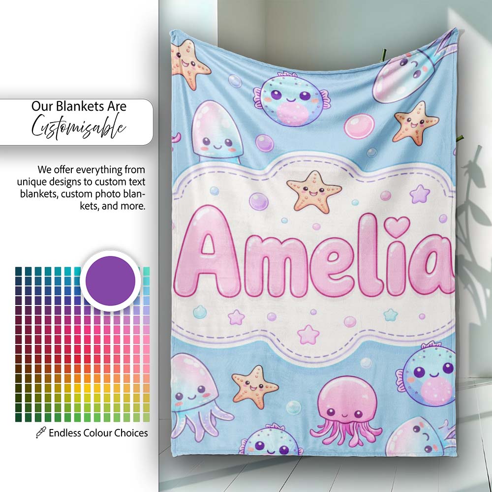 Kawaii Jellyfish Starfish and Cute Sea Creatures Soft Blue Lovely Personalised Custom Name Super Soft Fleece Blanket Bed Sofa Throw