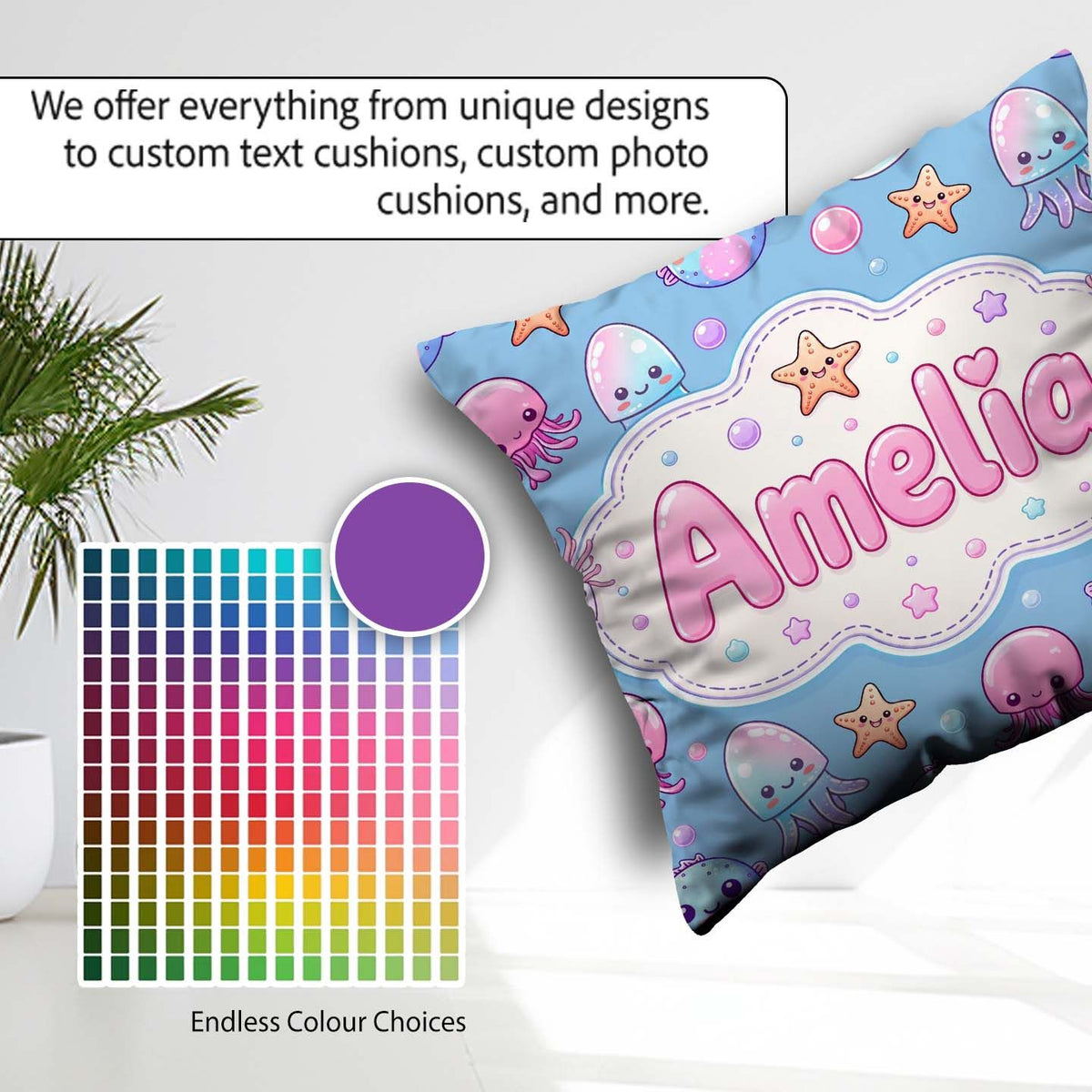 Custom Name Jellyfish Starfish and Cute Sea Creatures Soft Blue Square Filled Cushion Throw Pillow Sofa Bed Home Decor Zip Washable UK Made