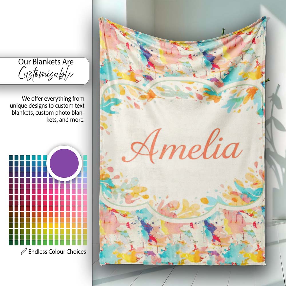 Bold Colour Splash Navy Background Abstract Pattern Cute Unique Gift Personalised Custom Name Super Soft Fleece Blanket Bed Sofa Throw