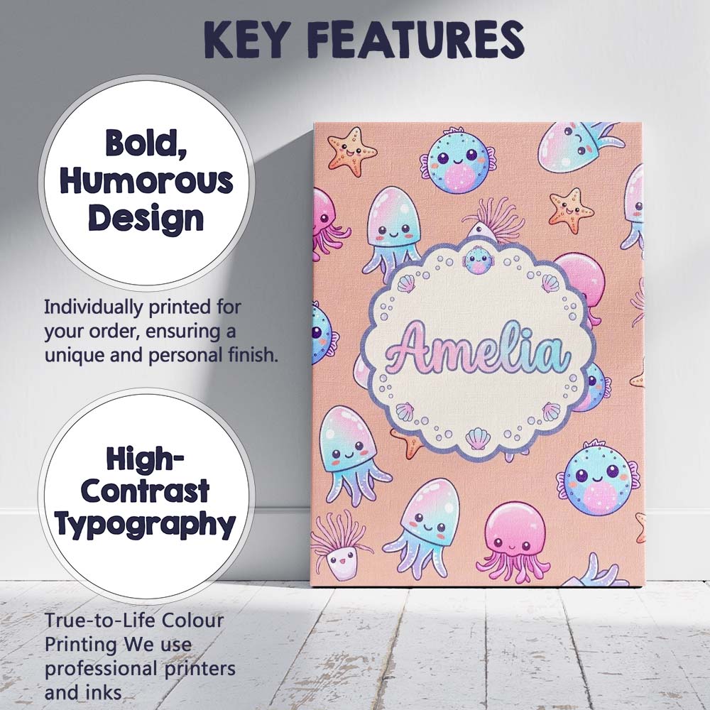 Personalised Name Kawaii Jellyfish Starfish Custom Bespoke Interior Contemporary Canvas Wall Art Print Decor Picture Ready to Hang