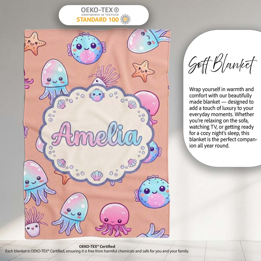 Kawaii Jellyfish Starfish and Sea Creatures Warm Peach Background Personalised Custom Name Super Soft Fleece Blanket Bed Sofa Throw