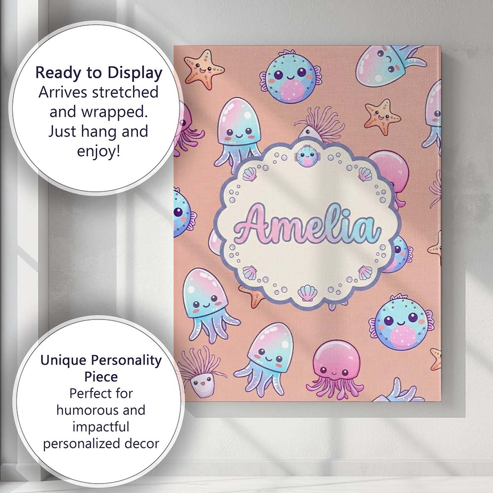 Personalised Name Kawaii Jellyfish Starfish Custom Bespoke Interior Contemporary Canvas Wall Art Print Decor Picture Ready to Hang