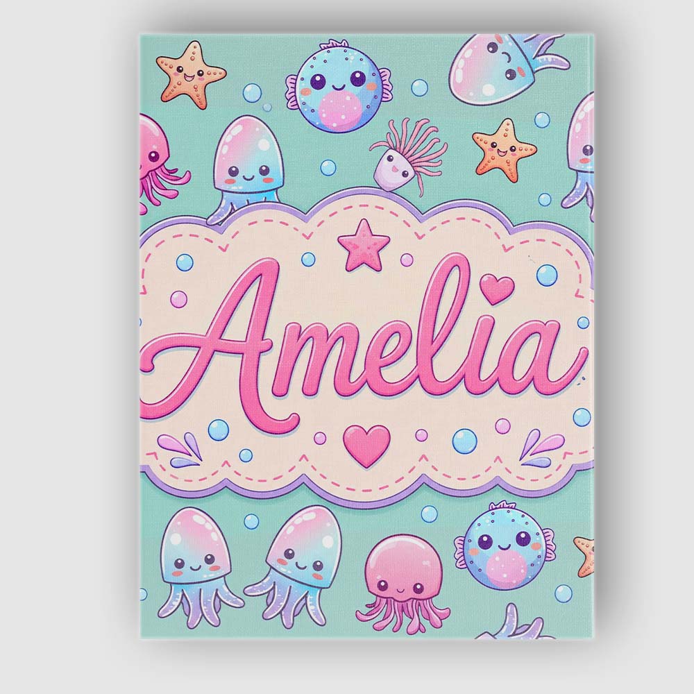 Personalised Name Kawaii Jellyfish Starfish Custom Bespoke Interior Contemporary Canvas Wall Art Print Decor Picture Ready to Hang