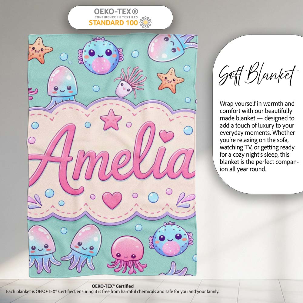 Kawaii Jellyfish Starfish and Sea Creatures Mint Green Background Personalised Custom Name Super Soft Fleece Blanket Bed Sofa Throw