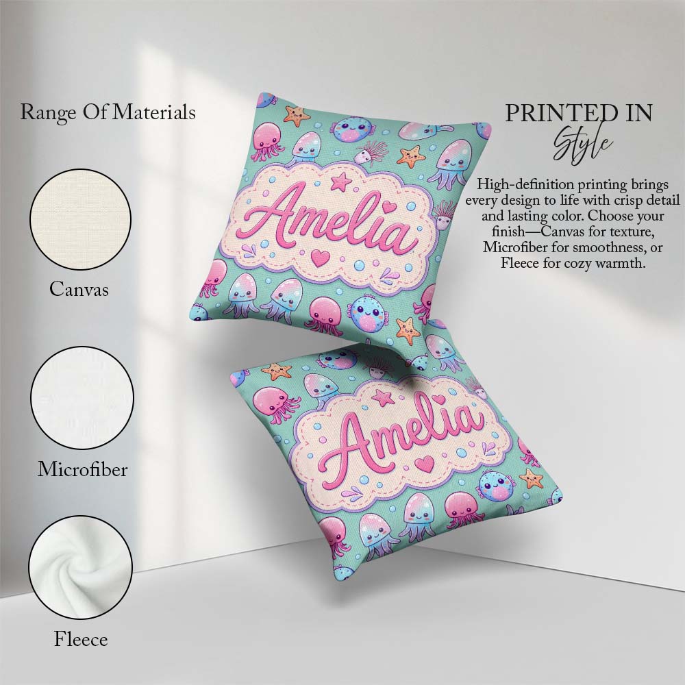 Custom Name Jellyfish Starfish and Sea Creatures Mint Background Square Filled Cushion Throw Pillow Sofa Bed Home Decor Zip Washable UK Made