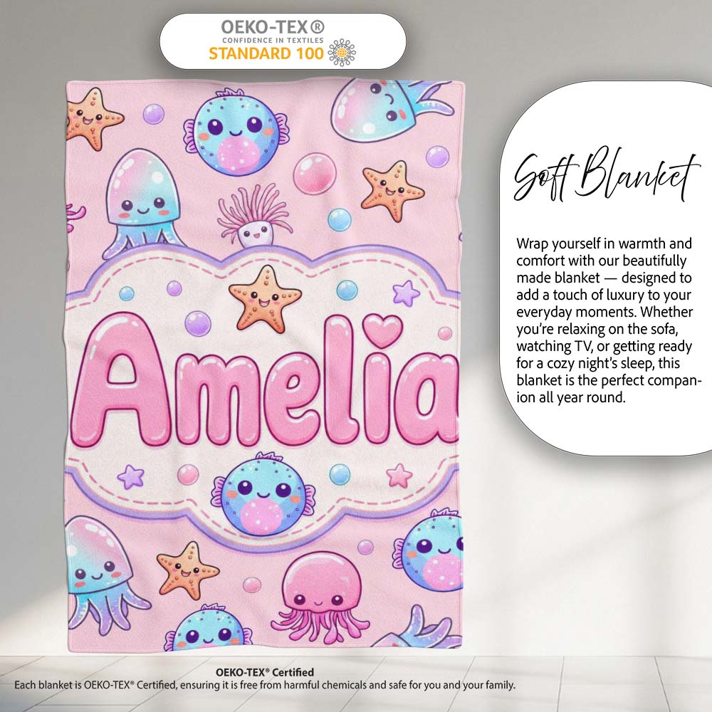Jellyfish Starfish and Cute Sea Creatures Soft Blush Pink Background Personalised Custom Name Super Soft Fleece Blanket Bed Sofa Throw